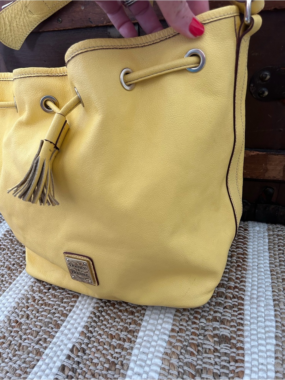 Dooney & Bourke Yellow Leather Drawstring Shoulder Bag - Picture 3 of 13